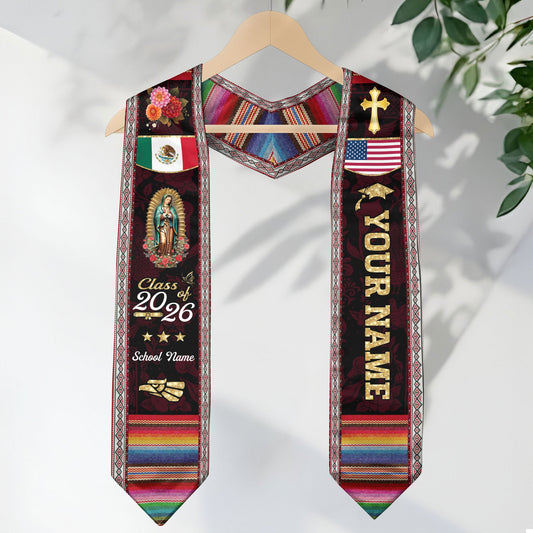 Mexico USA Flag Graduation Stole 2026 Custom Burgundy Guadalupe Mexican Sash