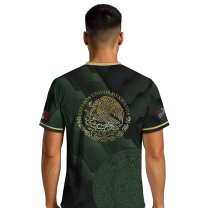 Mexico Green Soccer Jersey with Golden Aztec Sunstone Design