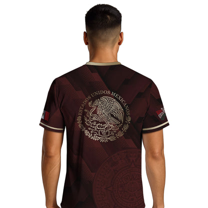 Mexico Burgundy Soccer Jersey with Golden Aztec Sunstone and Eagle Crest