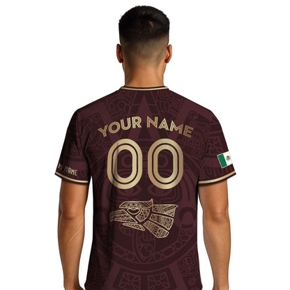 Custom Mexico Soccer Jersey Maroon Gold Aztec Calendar Design