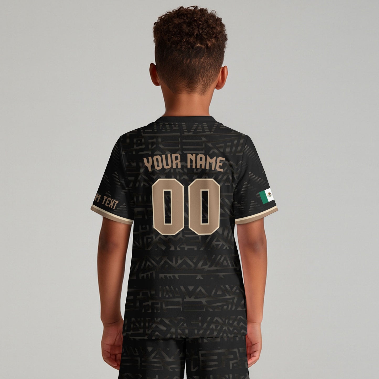 Custom Mexico Kids Soccer Jersey Black Gold Heritage Eagle Snake