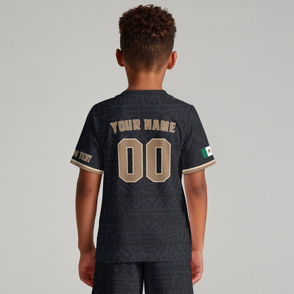 Custom Mexico Kids Soccer Jersey Black Gold Aztec Eagle Serpent Design