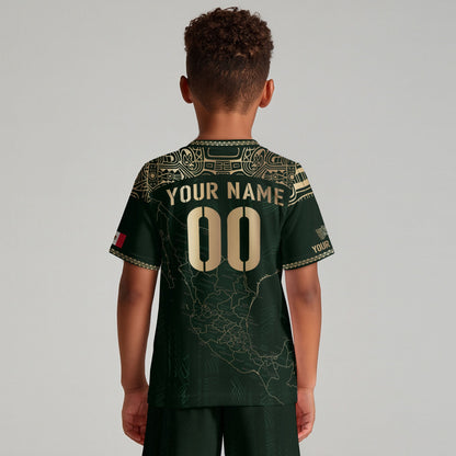 Custom Mexico Kids Soccer Jersey Green Gold Heritage Map Design
