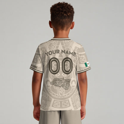 Custom Mexico Kids Soccer Jersey Beige Aztec Calendar Heritage Design