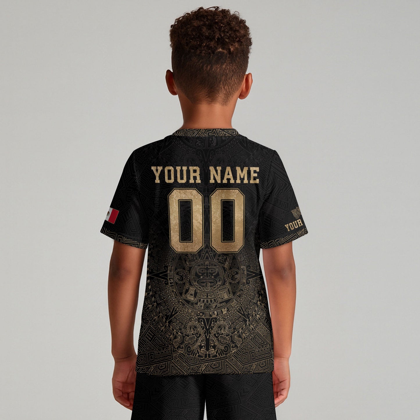 Custom Kids Mexico Soccer Jersey Black Gold Aztec Temple Design