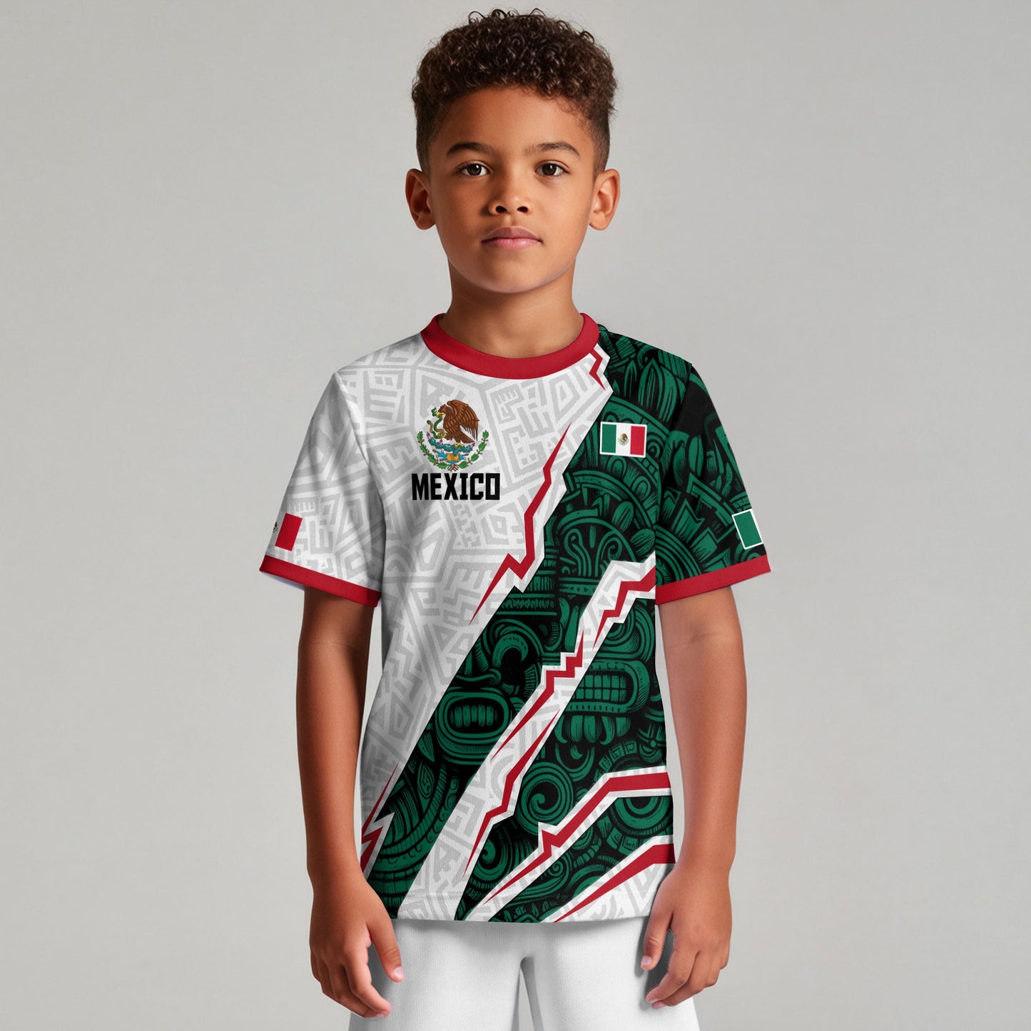 Mexico Kids Soccer Jersey White Green Aztec Pattern Flag Design