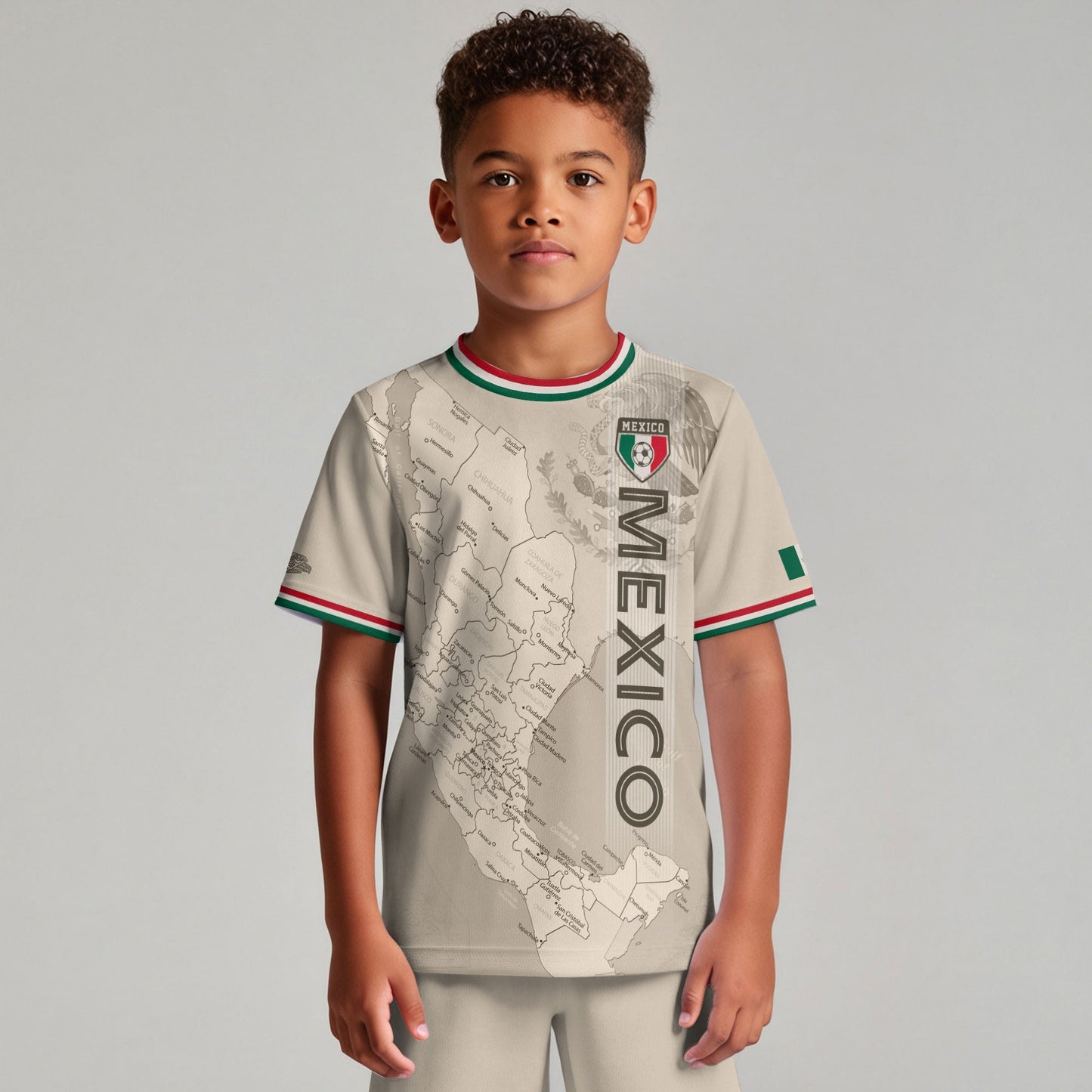 Mexico Kids Soccer Jersey Beige Map Aztec Design