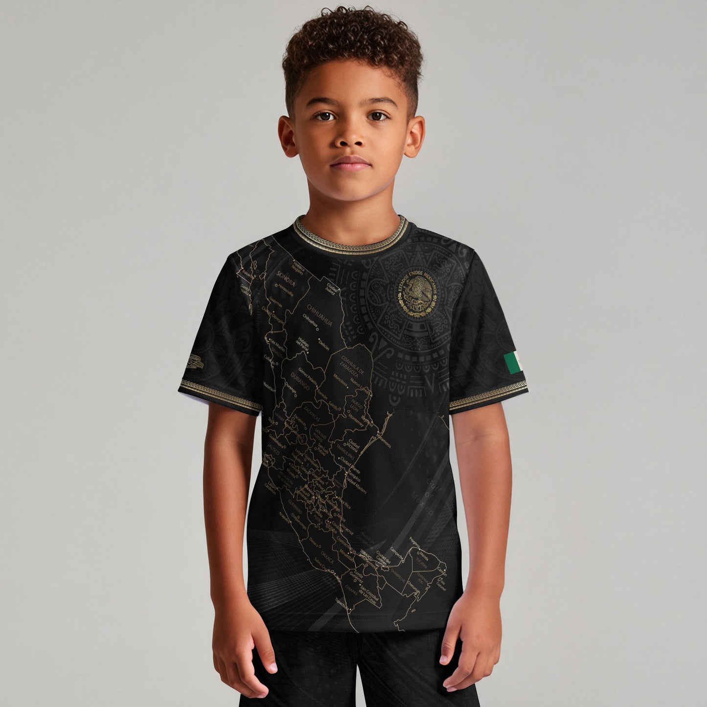 Mexico Kids Soccer Jersey Black Gold Map Aztec Pattern
