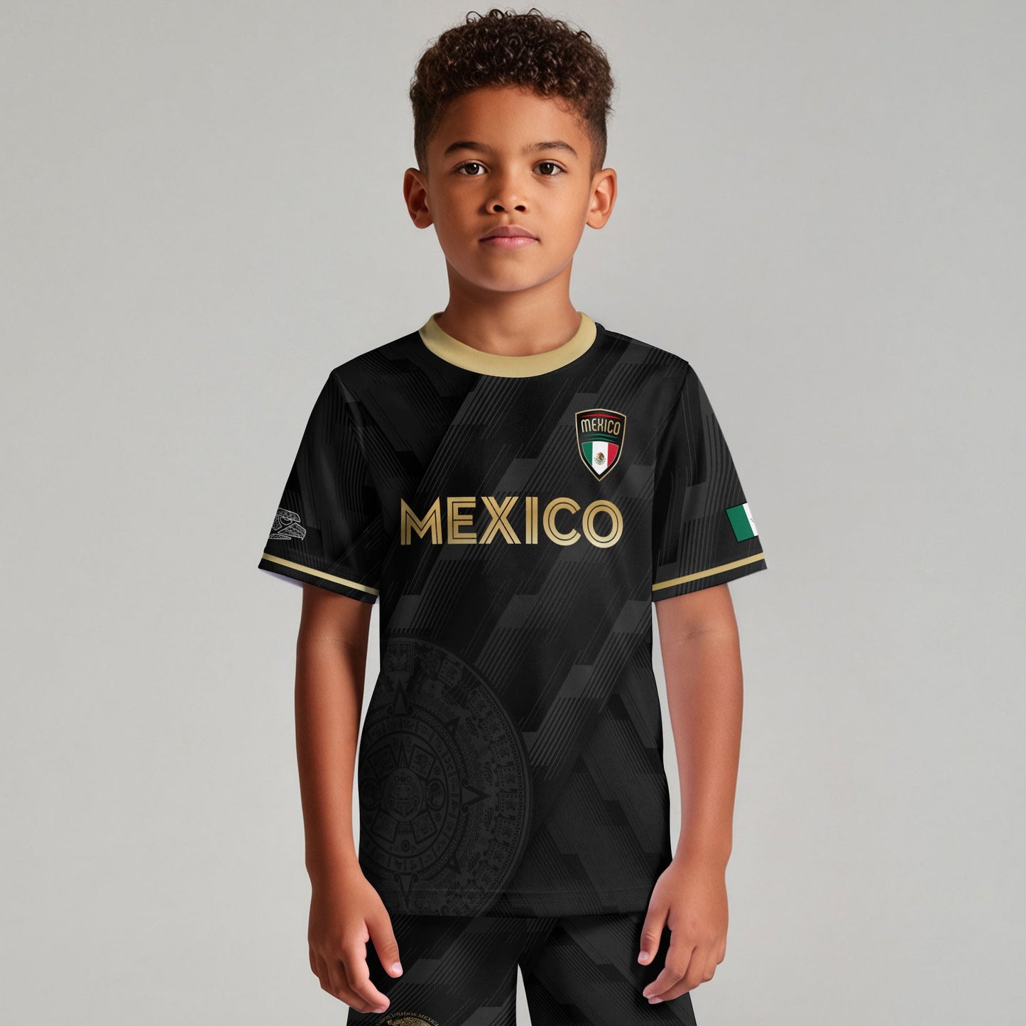 Mexico Kids Soccer Jersey Black Gold Aztec Calendar Crest Design