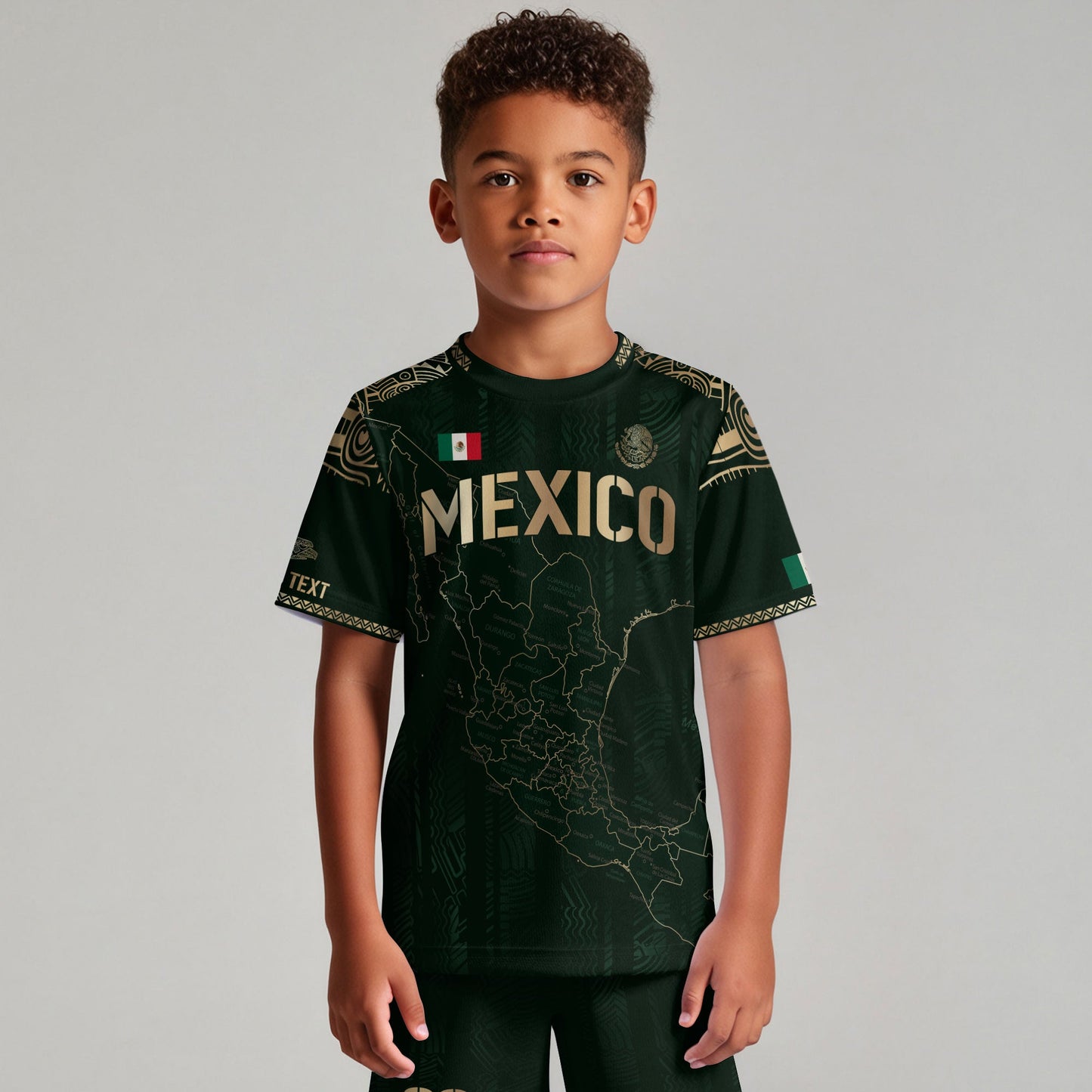 Custom Mexico Kids Soccer Jersey Green Gold Heritage Map Design