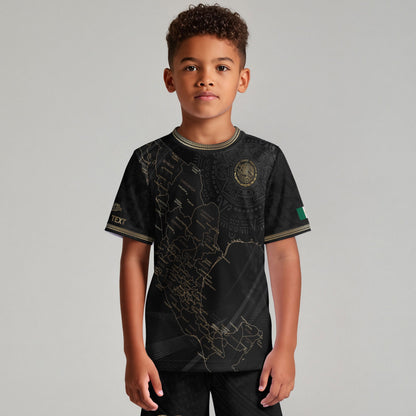 Custom Mexico Kids Soccer Jersey Black Gold Heritage Map Design