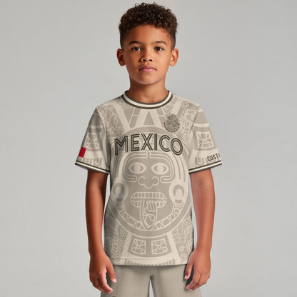 Custom Mexico Kids Soccer Jersey Beige Aztec Calendar Heritage Design