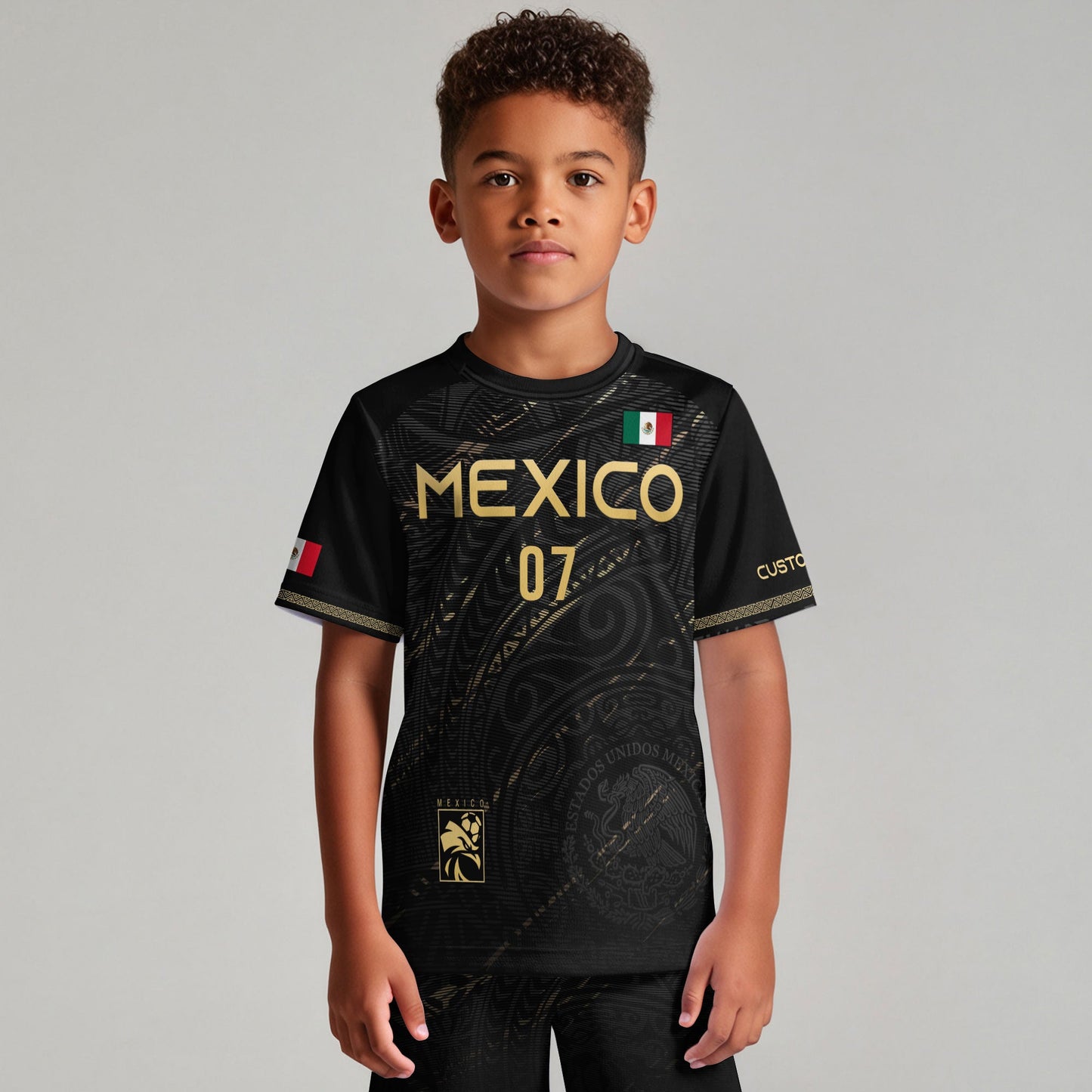 Custom Kids Mexico Soccer Jersey Black Gold Heritage Pattern Design