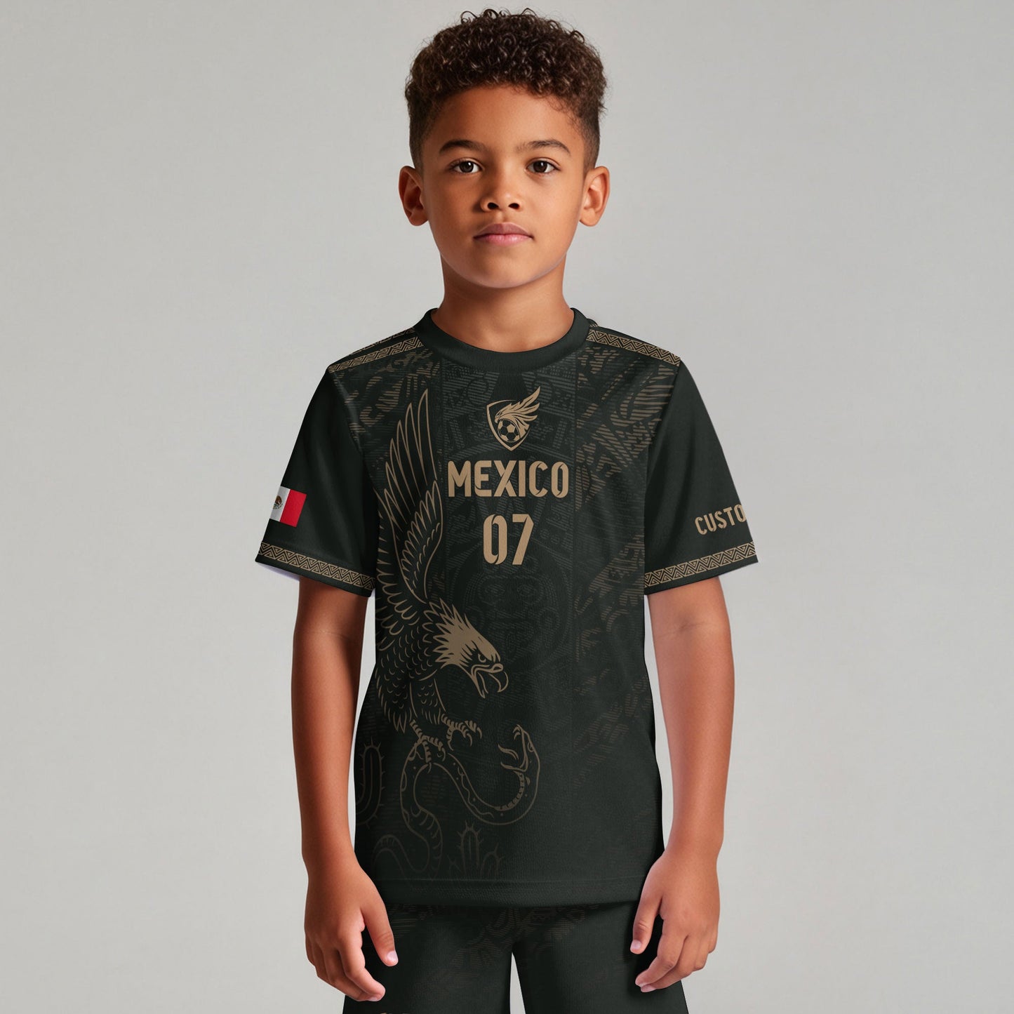 Custom Kid Mexico Black Aztec Eagle Heritage Soccer Jersey
