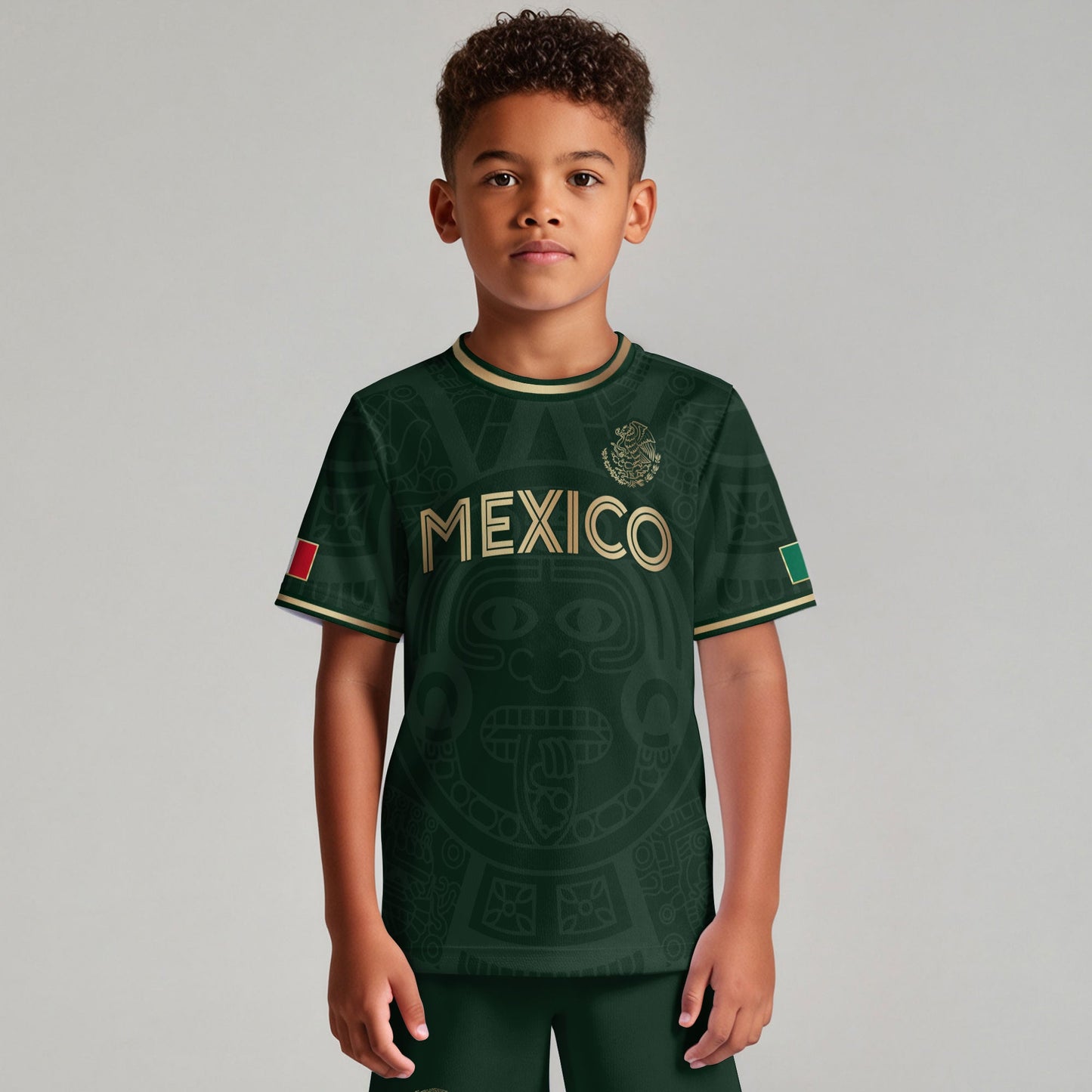 Mexico Kids Soccer Jersey Green Gold Aztec Calendar Design
