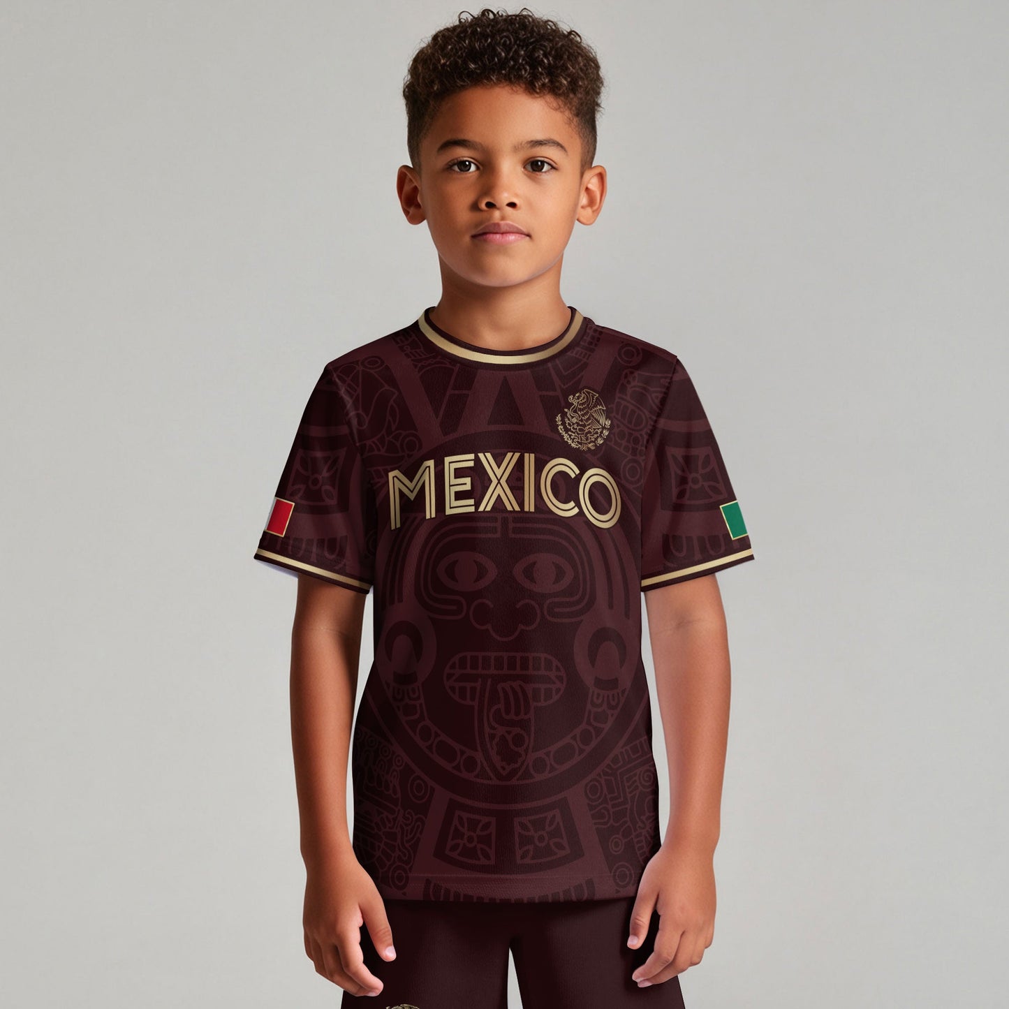 Mexico Kids Soccer Jersey Burgundy Gold Aztec Calendar Eagle Design