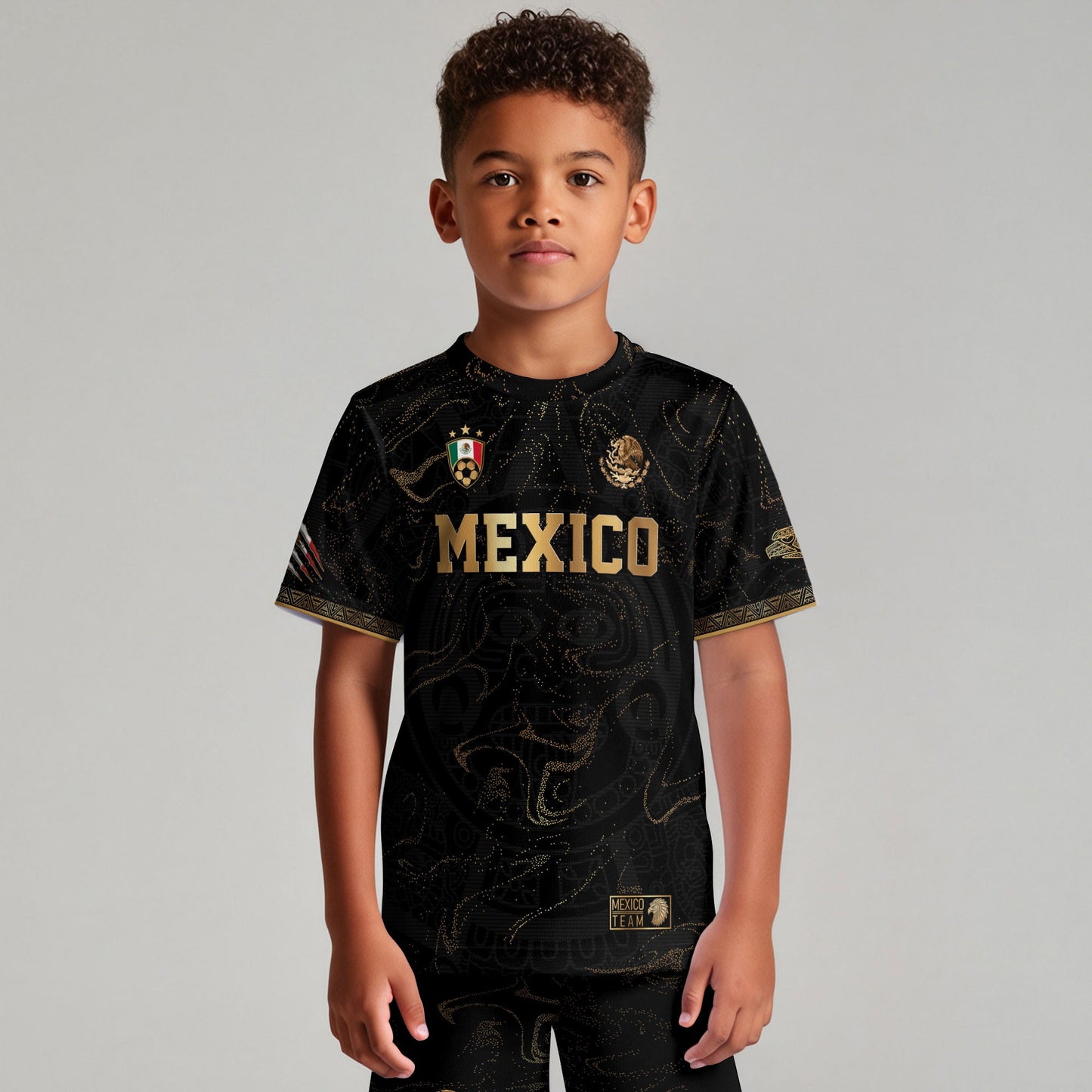 Mexico Map Gold Black Dynamic Replica Training Kids Soccer Jersey