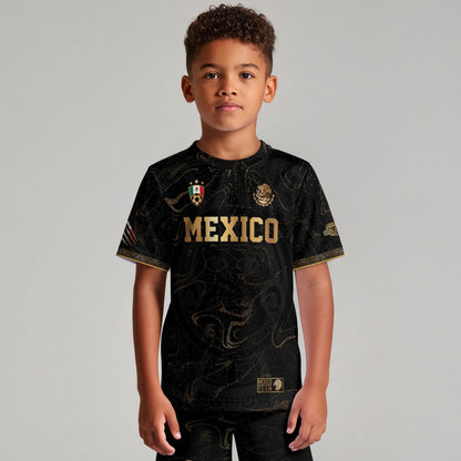 Mexico Map Gold Black Dynamic Replica Training Kids Soccer Jersey
