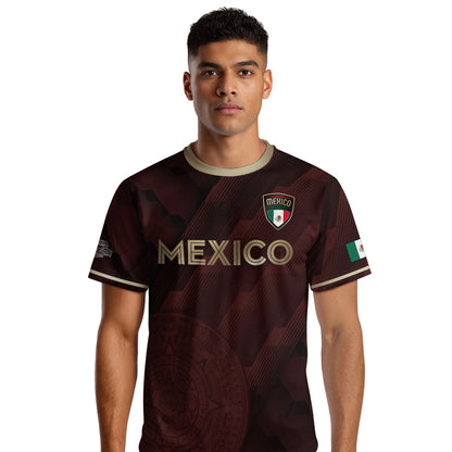 Mexico Burgundy Soccer Jersey with Golden Aztec Sunstone and Eagle Crest
