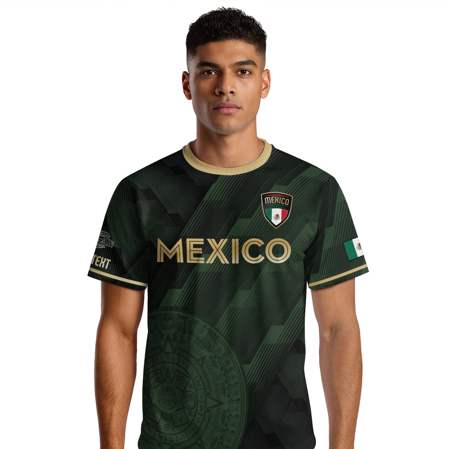 Custom Mexico Green Soccer Jersey with Golden Aztec Calendar Design