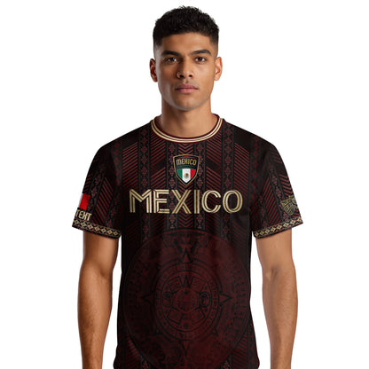 Custom Mexico Burgundy Soccer Jersey with Golden Aztec Calendar Design