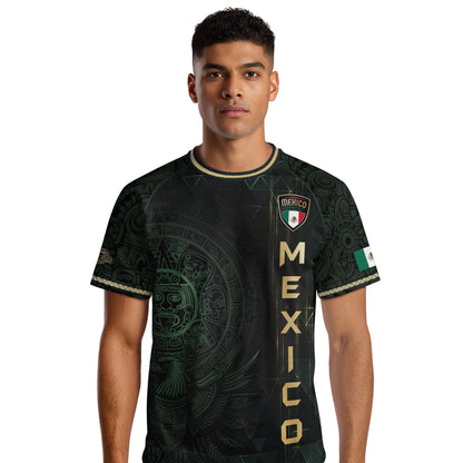 Mexico Soccer Jersey Dark Green Gold Aztec Calendar & Eagle Emblem