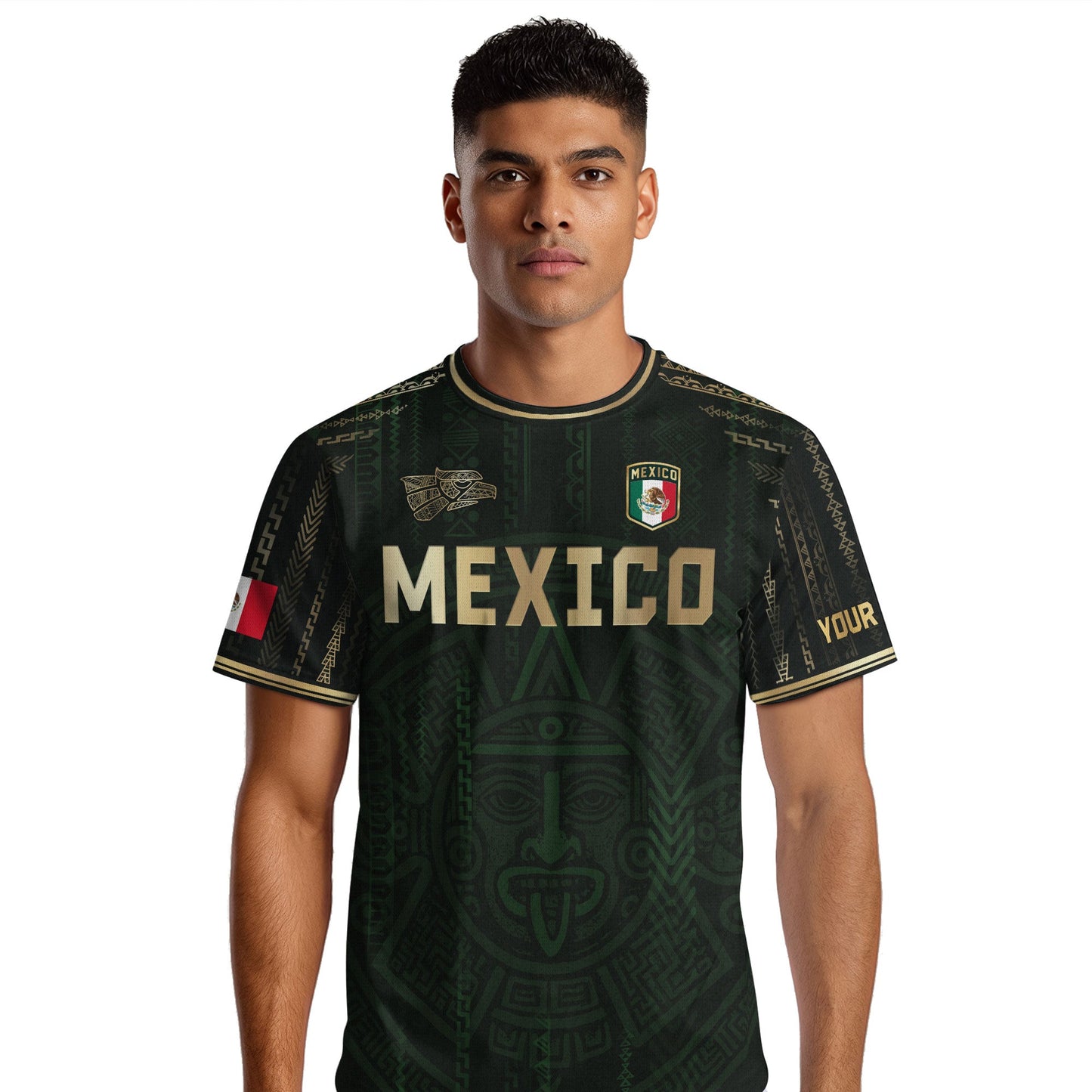 Custom Mexico Dark Green Gold Aztec Sun Design Soccer Jersey