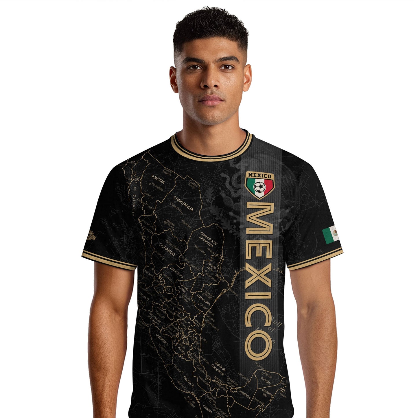 Mexico Black Heritage Map Soccer Jersey with Golden Aztec Accents