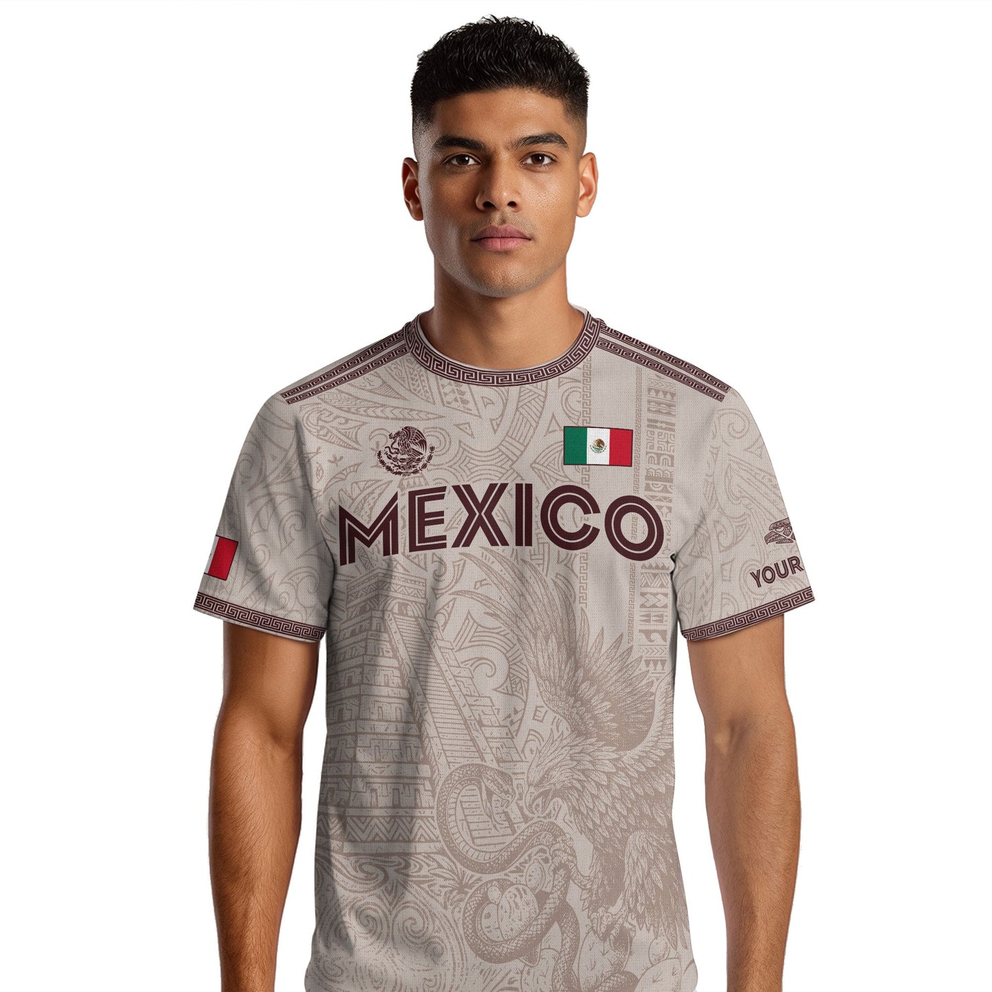 Custom Mexico Beige Aztec Eagle Pyramid Heritage Soccer Jersey