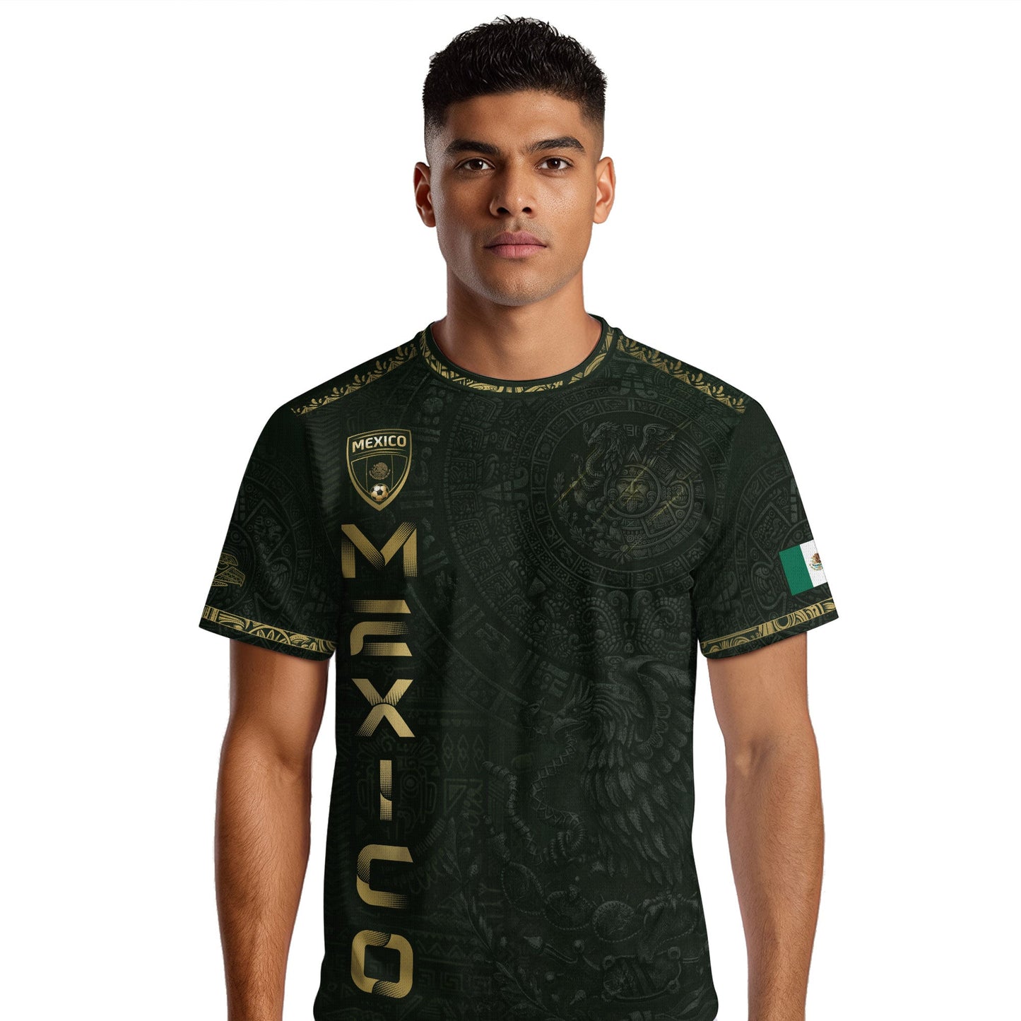 Mexico Dark Green Gold Aztec Calendar Sun God Heritage National Soccer Jersey