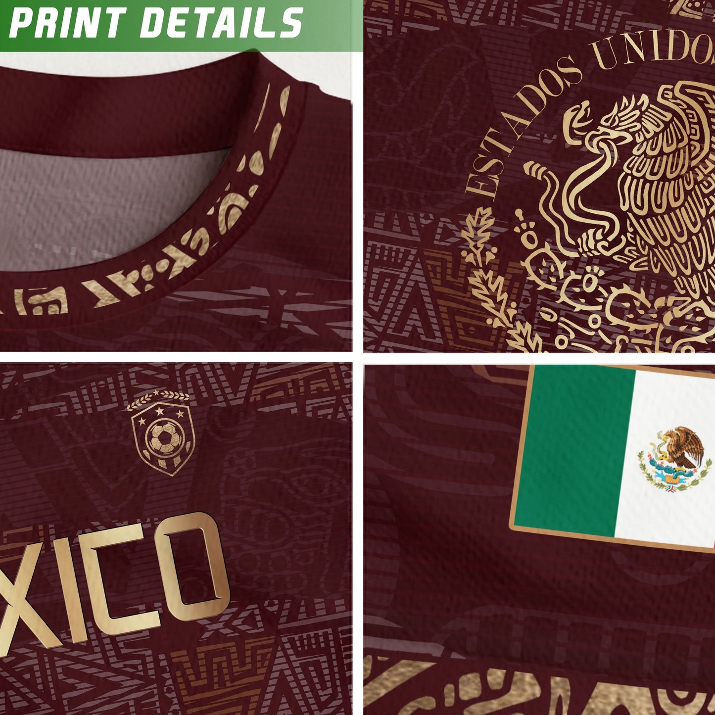 Mexico Kids Soccer Jersey Burgundy Gold Aztec Pattern Crest Design