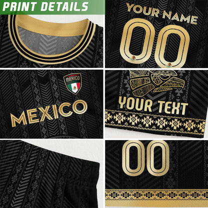 Custom Mexico Kids Soccer Jersey Black Gold Aztec Calendar Design