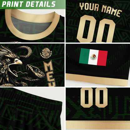 Custom Mexico Kids Soccer Jersey Black Gold Aztec Eagle & Serpent Design