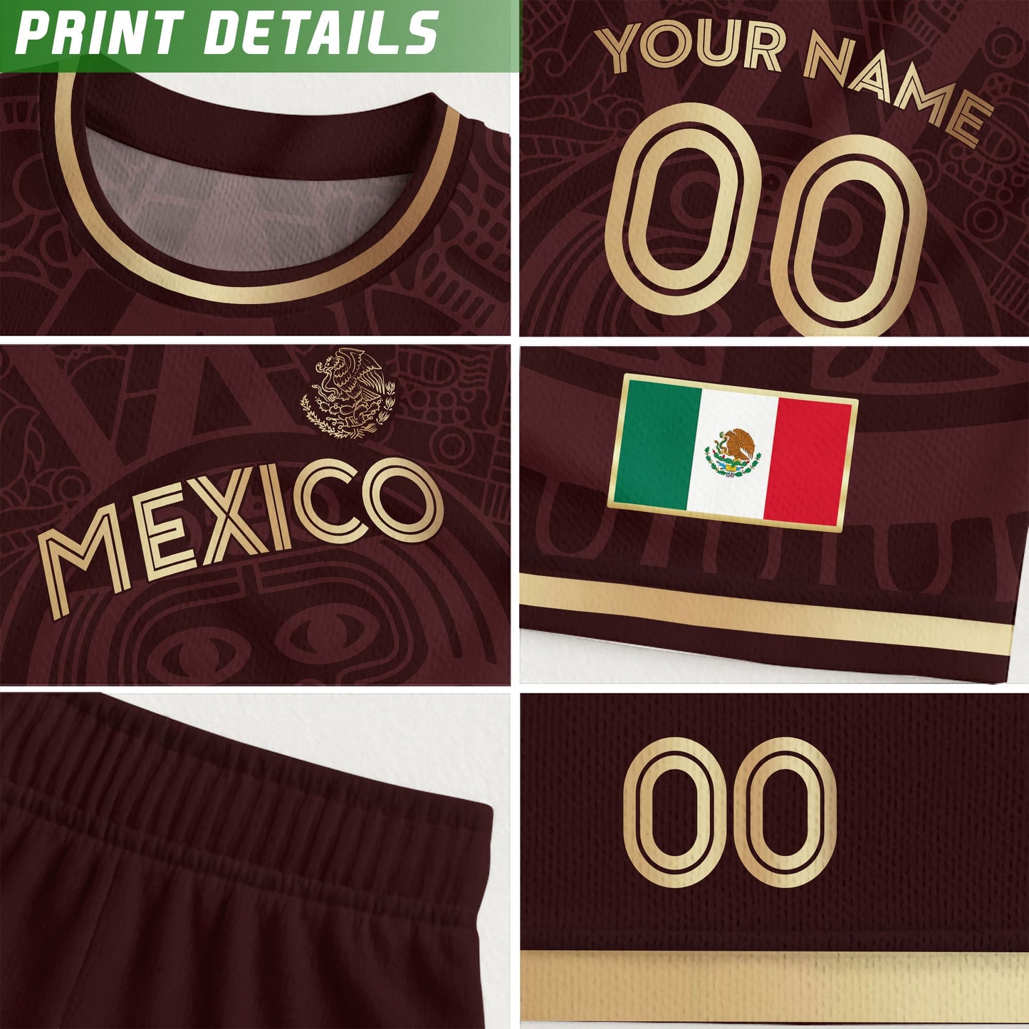 Custom Mexico Kids Soccer Jersey Burgundy Gold Aztec Calendar Heritage Design